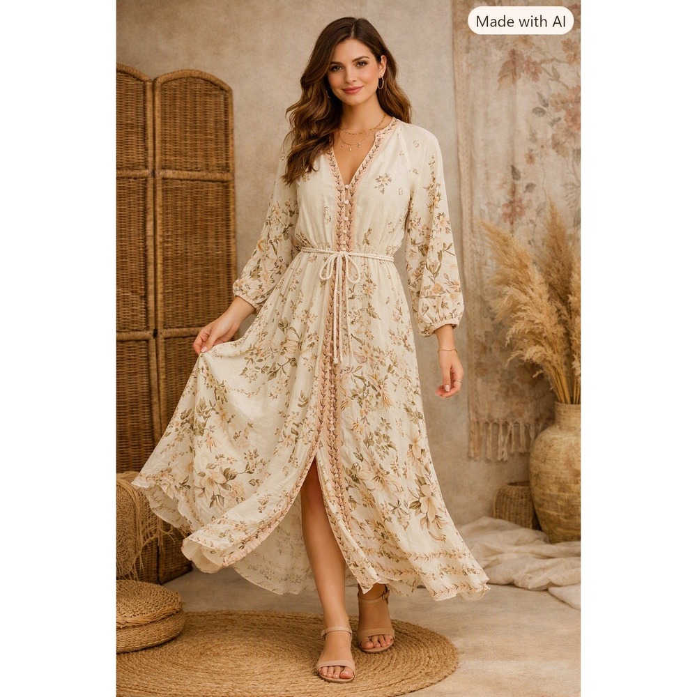 Calypso Maxi Dress Womens Small Floral Cottagecore Linen Blend Garden Party Boho